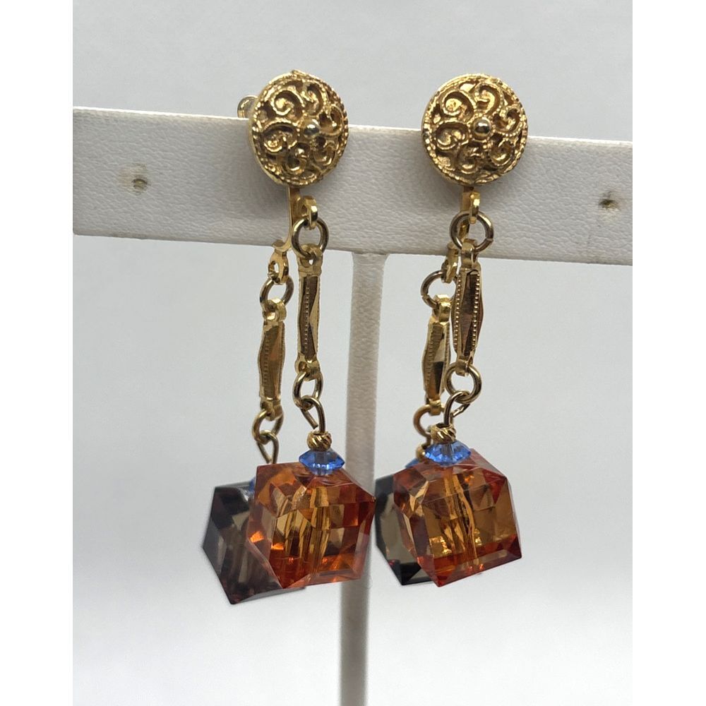 Vintage Gold‎ Tone Dangle Drop Beaded Orange Green Earrings 1960s 1970s Retro